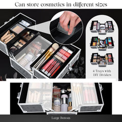 FRENESSA four-tier cantilever trays extended for quick access to cosmetics.