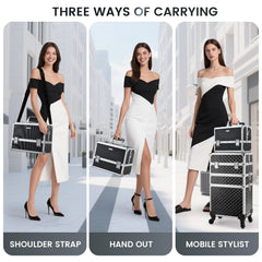 FRENESSA Makeup Train Case with extended 6-tray cantilever keeps cosmetics securely organized.