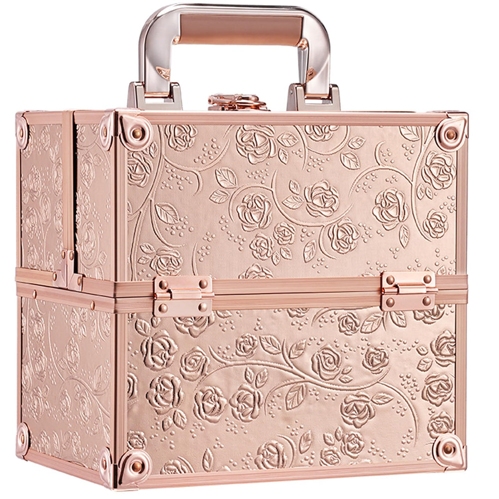 Frenessa rose gold floral makeup case front view for organized cosmetics