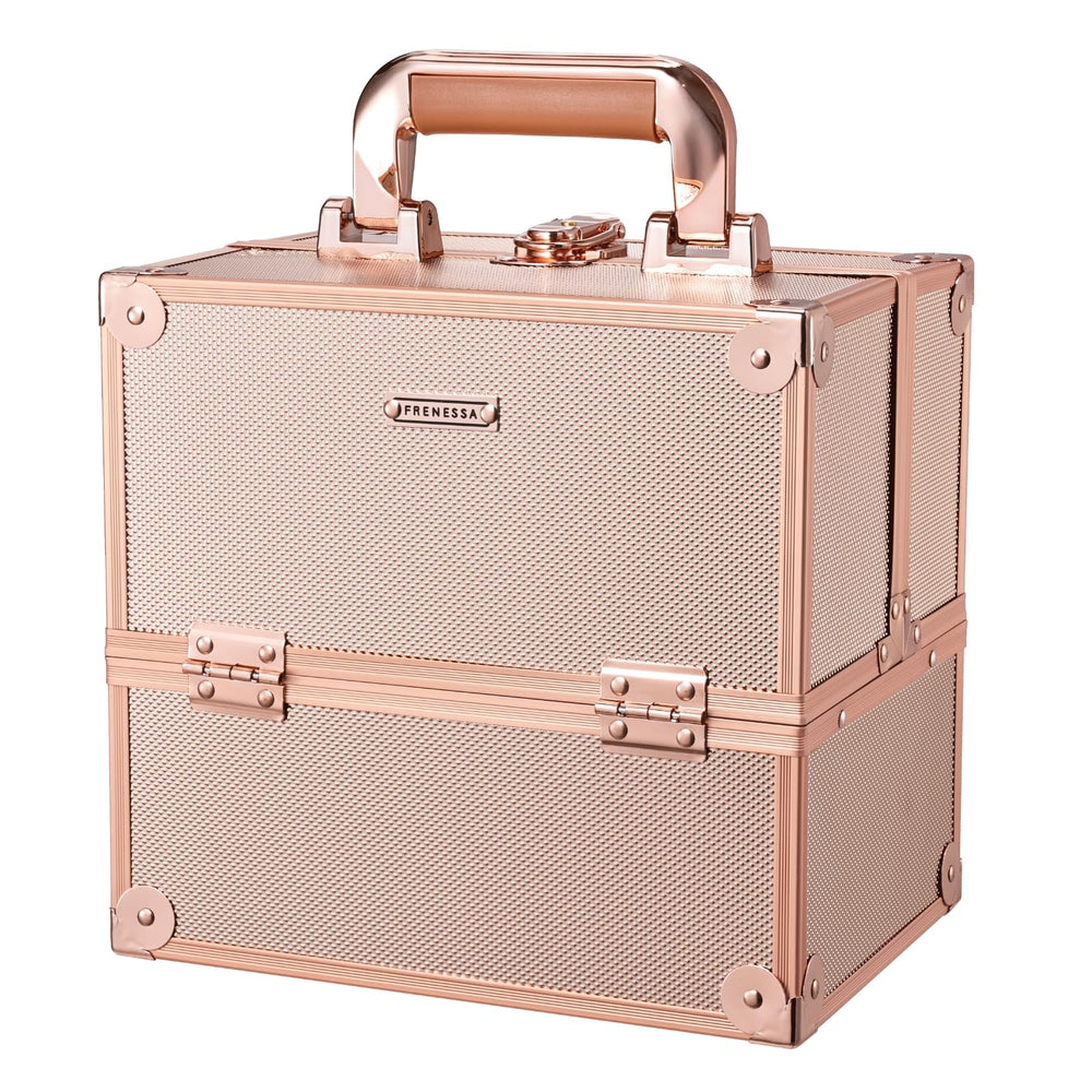 Frenessa rose gold makeup train case front view showing sturdy build and organized storage.