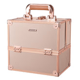 Frenessa rose gold makeup train case front view showing sturdy build and organized storage.
