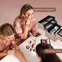 Frenessa train case open trays illustrating cantilever organization for cosmetics.