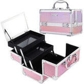 FRENESSA shiny pink makeup box front view, portable travel-ready organizer.