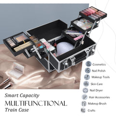 FRENESSA makeup train case trays extended showing organized storage.