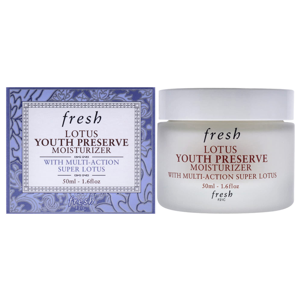 Fresh Lotus Youth Preserve Moisturizer jar shows lightweight antioxidant hydration smoothing fine lines.