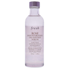 Fresh Rose Deep Hydration Serum bottle closeup highlighting two-phase texture and slip