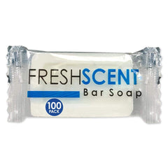 Freshscent bar soap packaging for a 100-pack bulk hotel distribution.