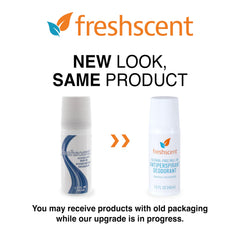 Freshscent roll-on deodorant bottle close-up highlights US-made quality and compact size.