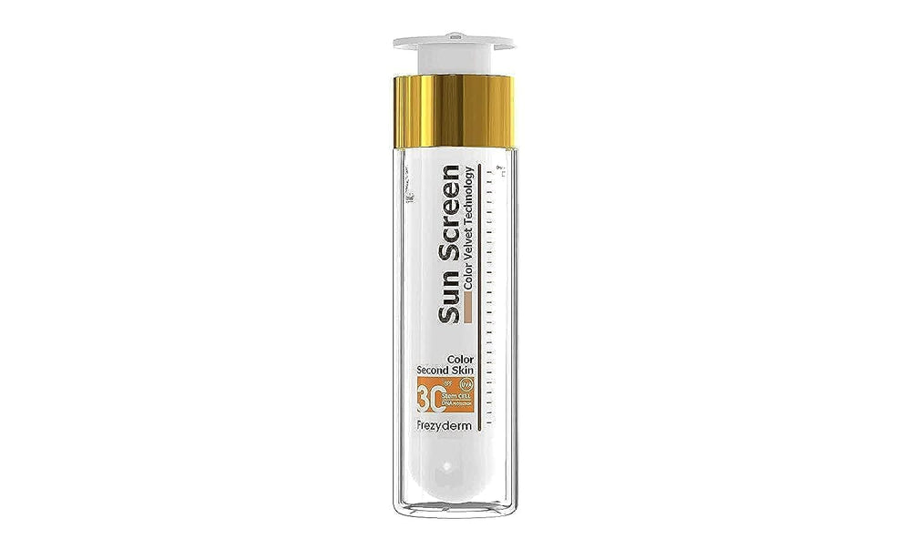 FREZYDERM Sun Screen Color/Tinted Velvet Face SPF30 bottle offers lightweight protection and velvety finish.