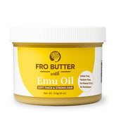 Fro Butter Emu Oil Moisturizer jar hydrates curls and edges.