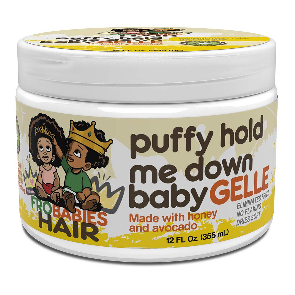 FroBabies Hair Puffy Hold Me Down Baby Gelle bottle shows soft-hold moisture.