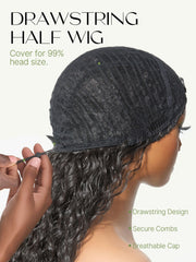 Frodio Curly Half Wig drawstring-cap—easy secure fit.