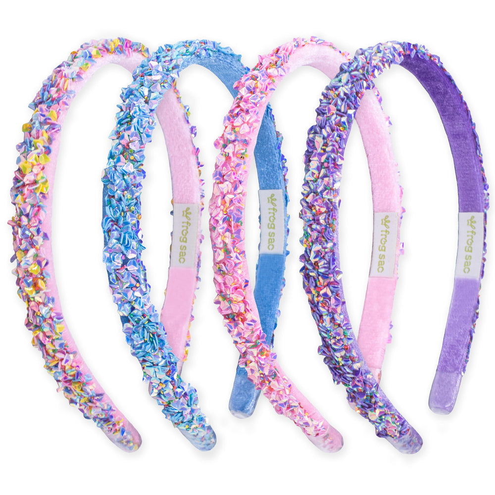 FROG SAC 4 thin headbands pink sequin close-up shows iridescent sparkle for all-day wear.