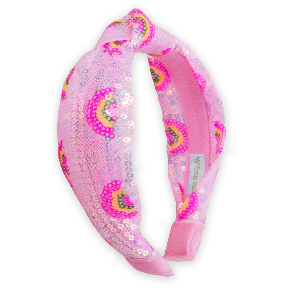 FROG SAC knot headband with rainbow sequin pink keeps hair in place with sparkle.