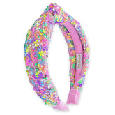 FROG SAC Rainbow Sequin Knotted Headband closeup adds sparkle for kids