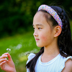 FROG SAC Rainbow Sequin Headband padded close-up highlights soft felt lining for gentle fit.