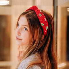 FROG SAC Knot Headband features gold beads and green rhinestones for holiday flair