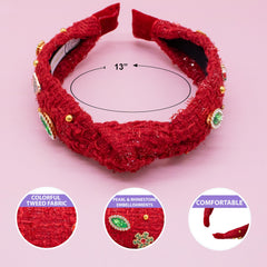 FROG SAC headband showcases snowflakes, candy canes, and Christmas trees for seasonal charm