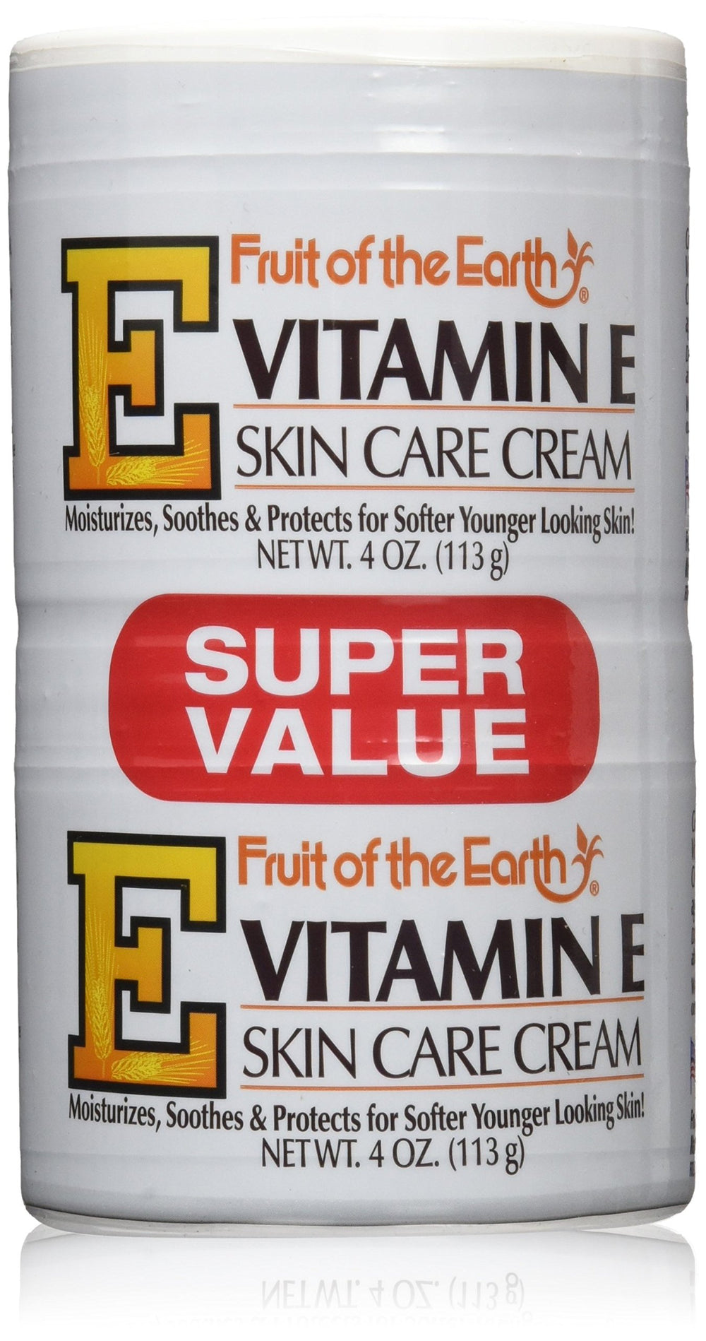 Fruit of the Earth Vitamin-E Cream 4 oz jar packshot showing six-jar case for daily moisture.