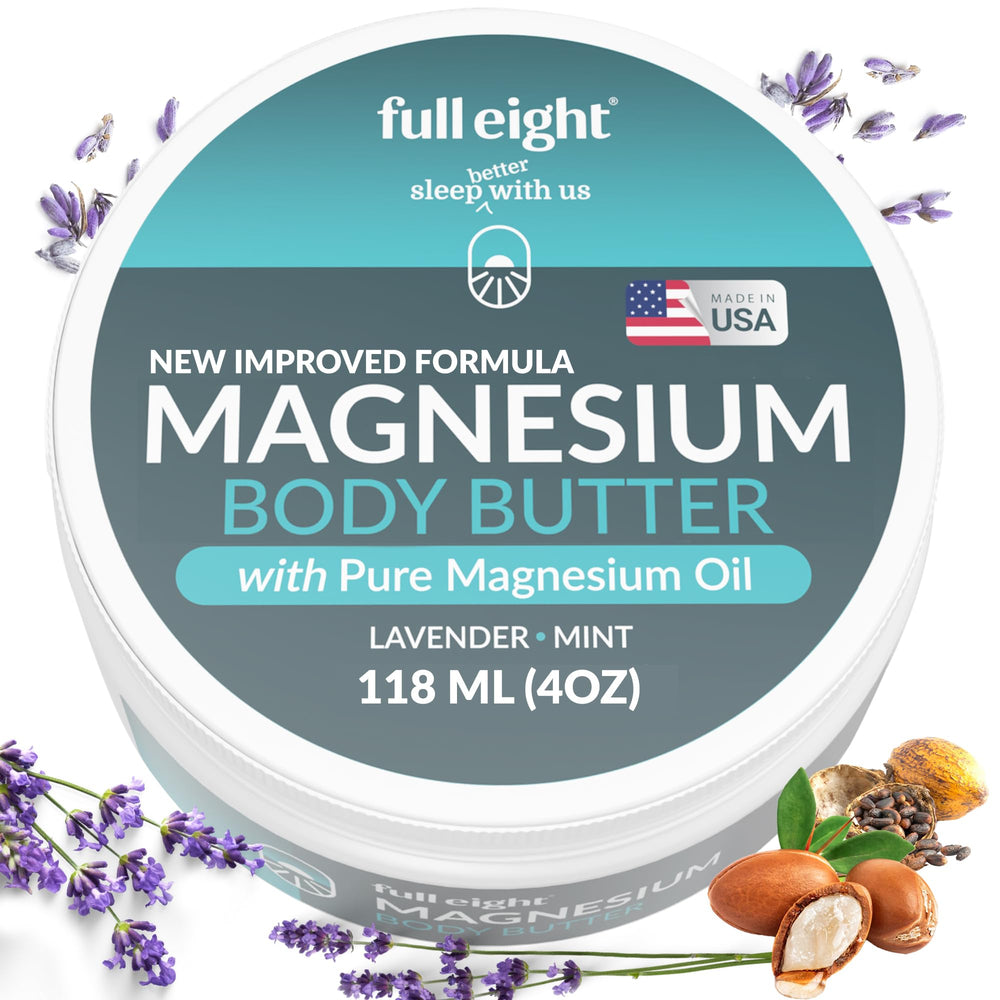 Full Eight Magnesium Body Butter jar shows soothing deep tissue relief for tired legs