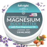 Full Eight Magnesium Body Butter jar shows soothing deep tissue relief for tired legs
