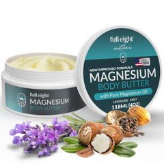Full Eight Magnesium Body Butter texture closeup highlights creamy melt-in feel
