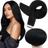 Full Shine tape-in extensions in jet black packaging illustrate easy, mess-free application.