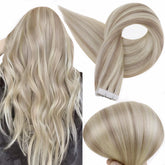 Full Shine tape-in extensions 18-inch highlight-613 blonde closeup shows seamless natural blend.