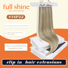 Full Shine seamless clip-ins with PU strip for low-profile fit