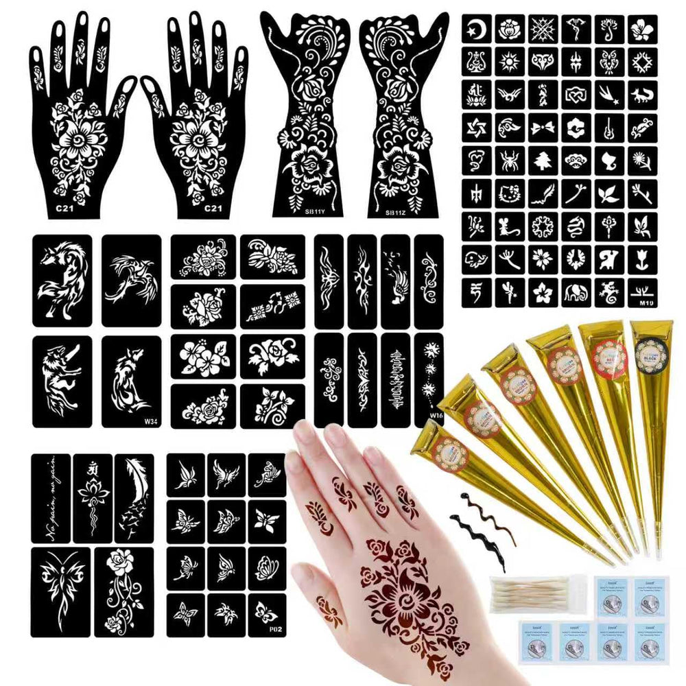 Funtigee 95pcs tattoo stencils kit displaying diverse designs for DIY body art