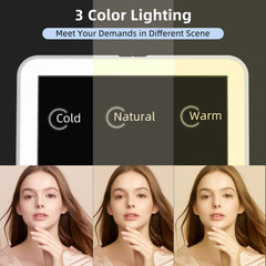 FUNTOUCH 72-LED makeup mirror showing three color lighting options for accurate shade