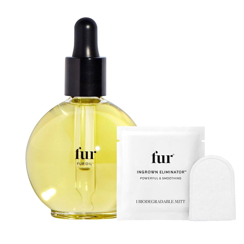 Fur Oil bottle pour shows silky hydration for intimate skin and hair.