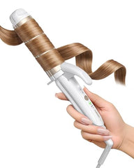 FURIDEN Lite dual-voltage curling iron in-use for quick travel-ready styling