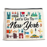FYDHQSS New York makeup bag front view with NYC motif for organized travel.