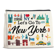 FYDHQSS New York makeup bag front view with NYC motif for organized travel.