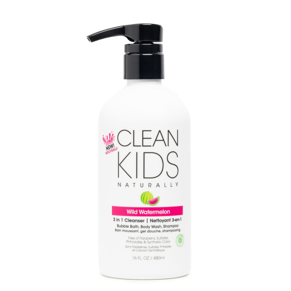 Gabriel Cosmetics Clean Kids watermelon 3-in-1 bottle shows coconut-free gentle cleansing for skin and hair