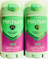 Gafalr Mitchum women’s deodorant stick in shower fresh scent provides all-day freshness.