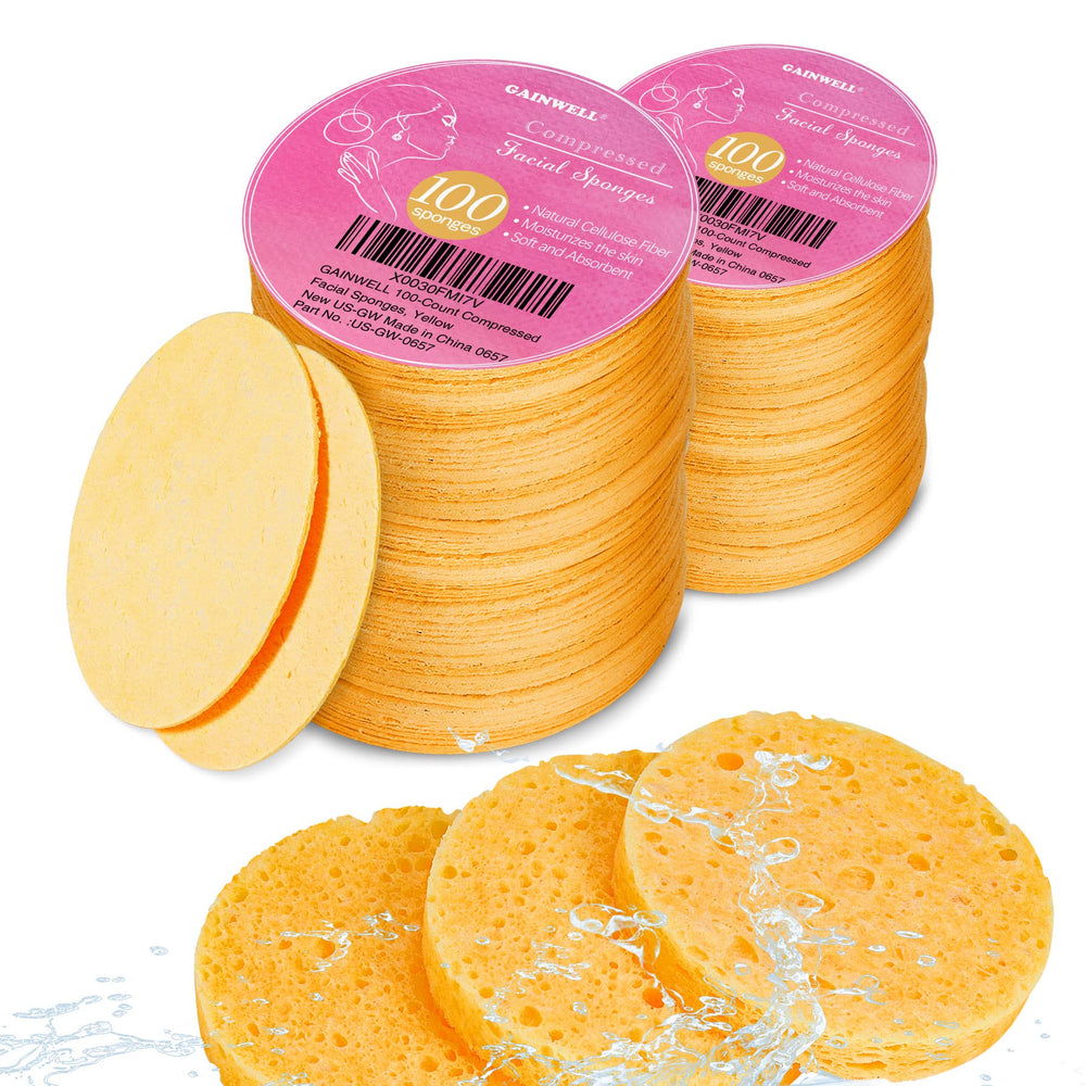 GAINWELL compressed facial sponges in a drawstring bag for easy travel storage.