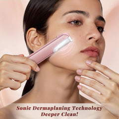 Galtxen Dermaplaning Tool pink LED-activation showcases precise peach fuzz removal