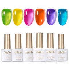 GAOY Jelly Neon gel polish set packaging with six translucent bottles for at-home manicure with low odor.