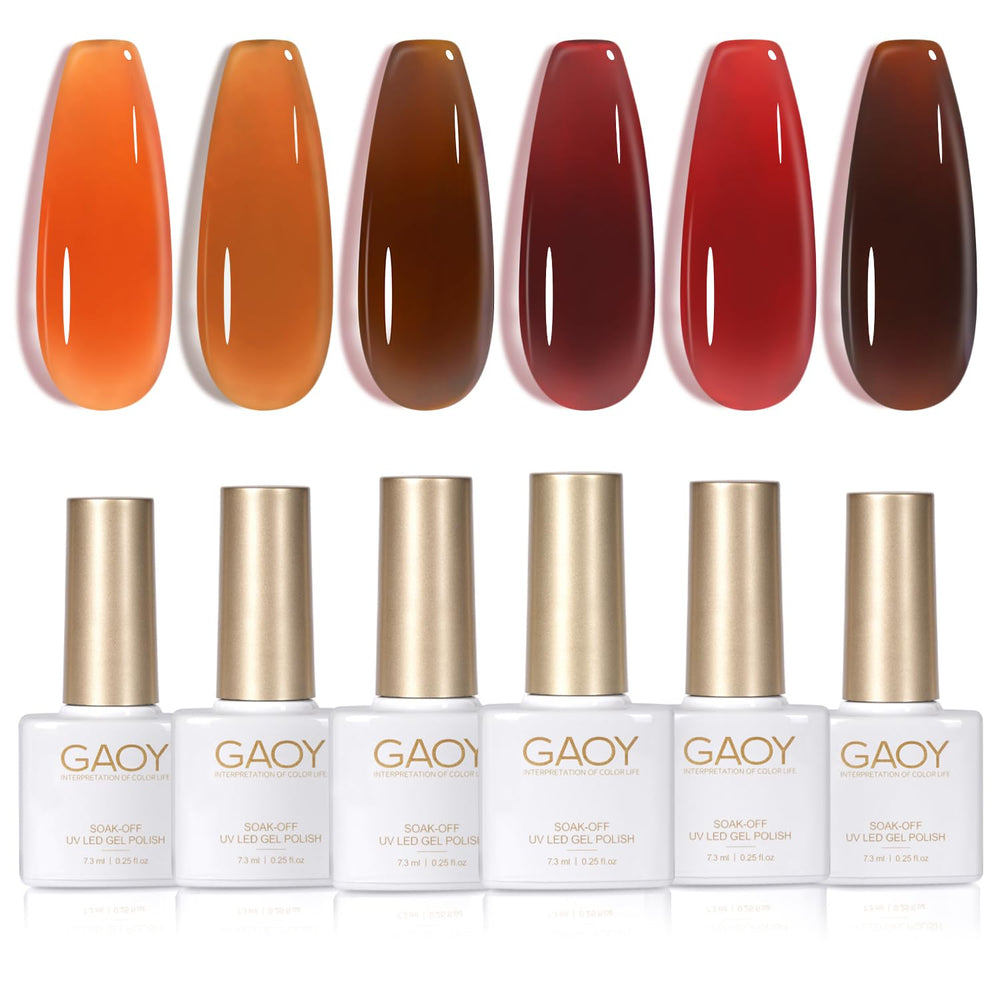 GAOY Jelly Tortoise Brown color swatches show sheer to opaque options for nails