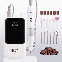 GAOY nail drill LED display shows RPM and battery status for precise control.