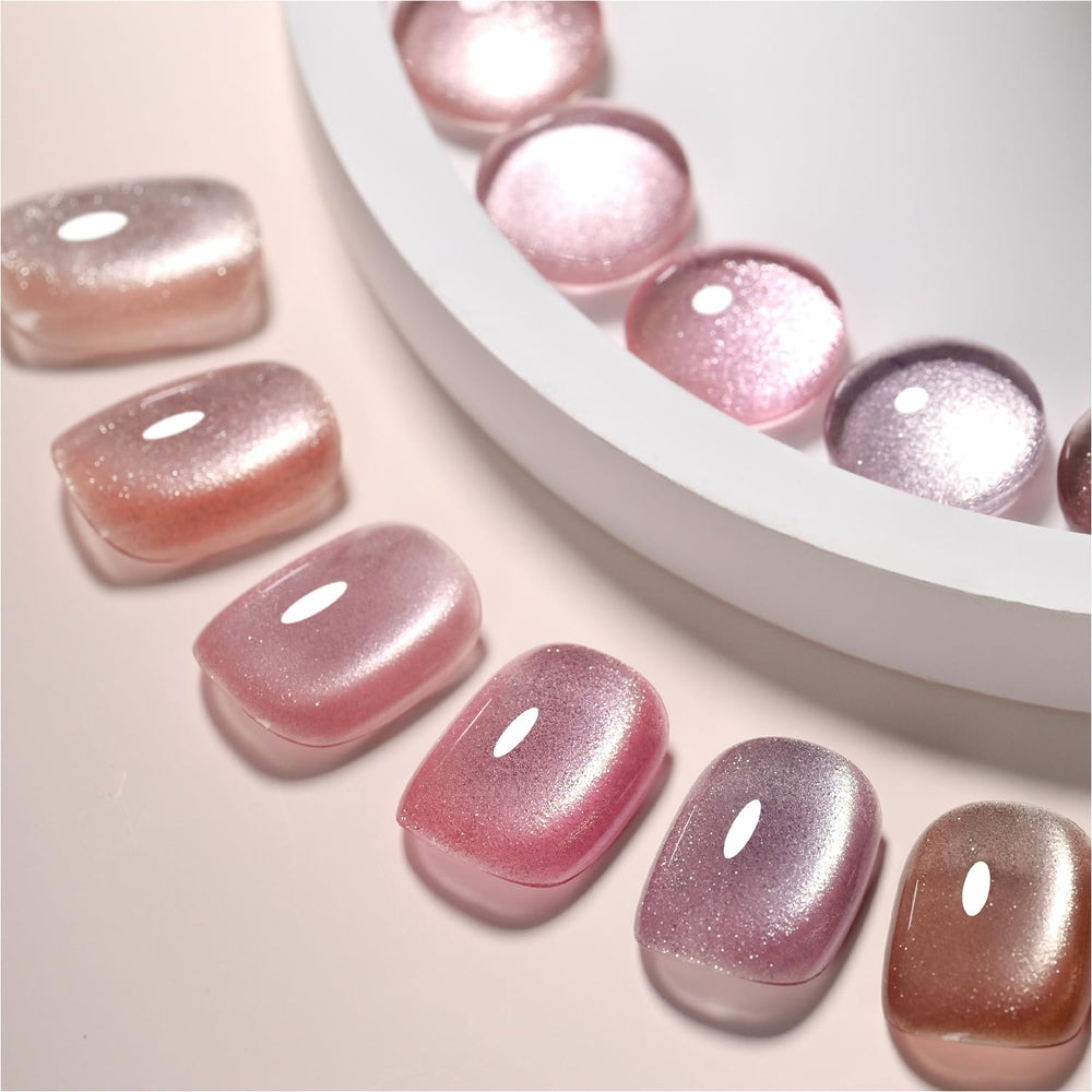 GAOY Pink Ocean cat eye gel set offers vibrant colors for at-home salon manicures with shimmer.