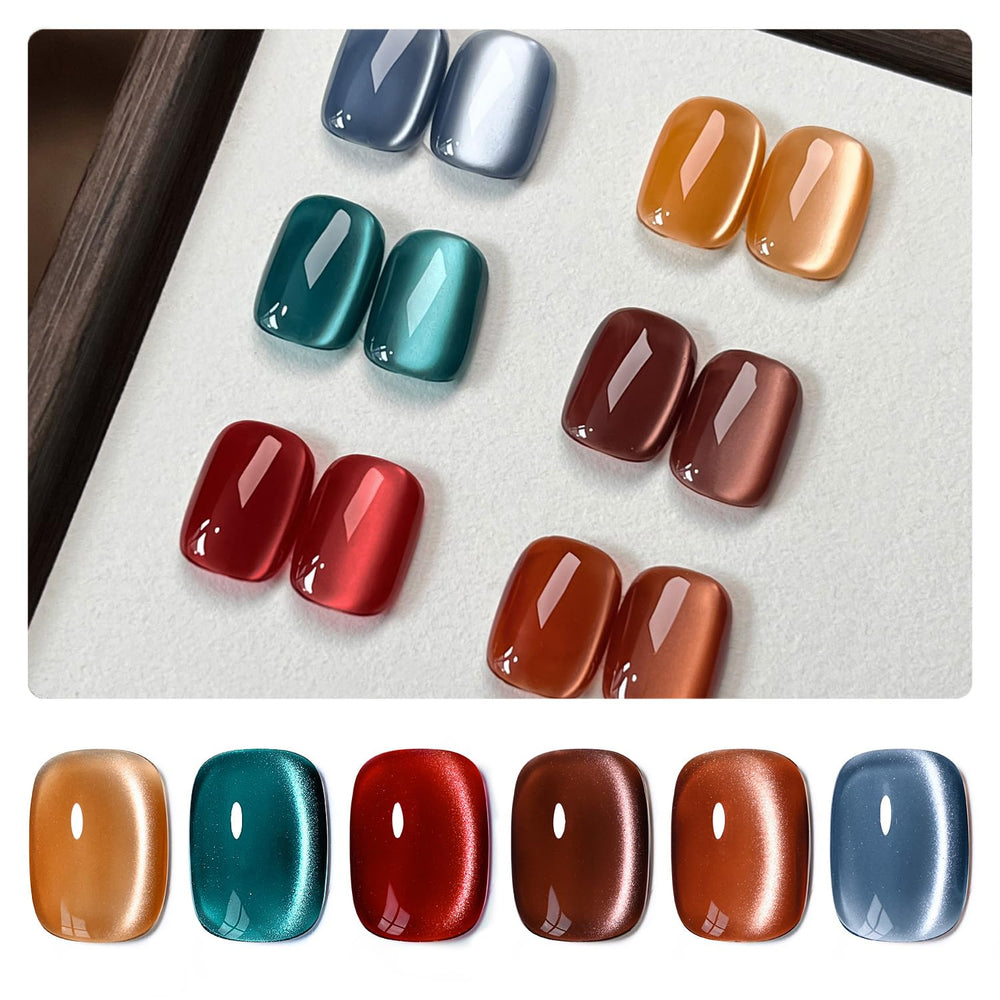 GAOY Silk Glitter Cat Eye Set with 6 colors enables easy at-home nail art.