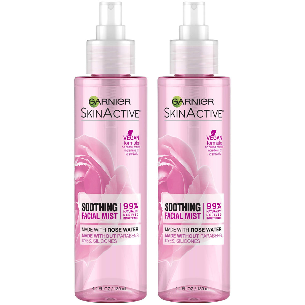Garnier facial mist rose water bottle for instant hydration and soothing refreshment.