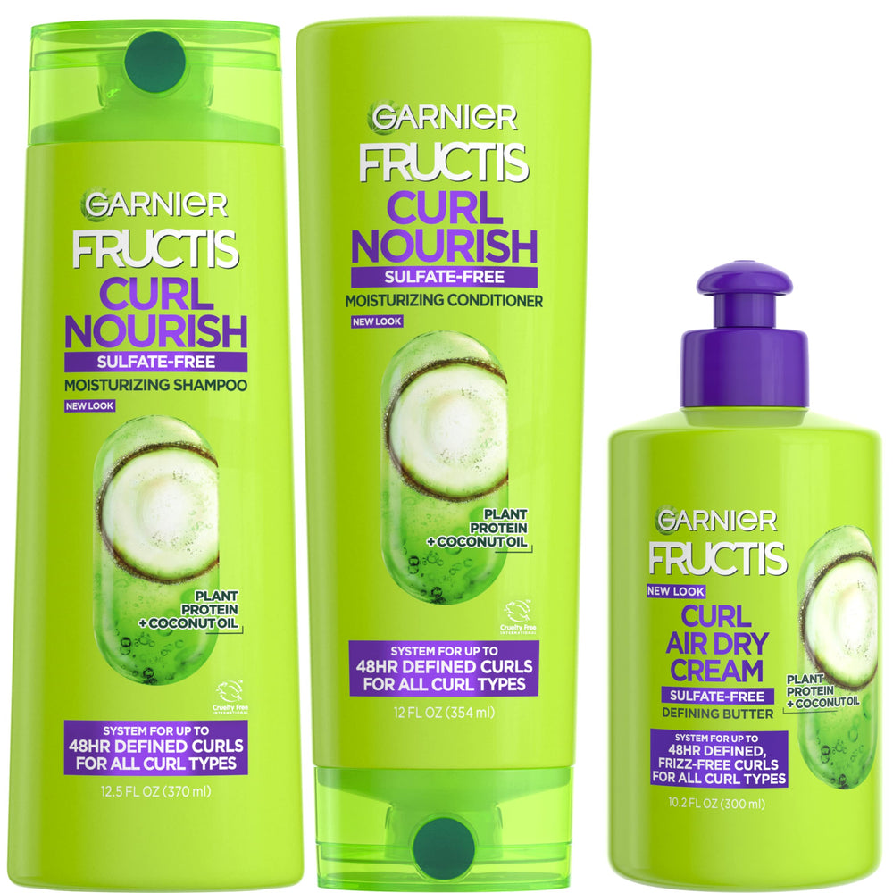 Garnier Fructis curl nourish shampoo bottle showcases sulfate-free cleansing for defined curls.