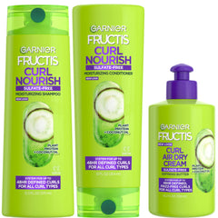 Garnier Fructis Curl Nourish shampoo bottle for defined, frizz-free curls in humidity.