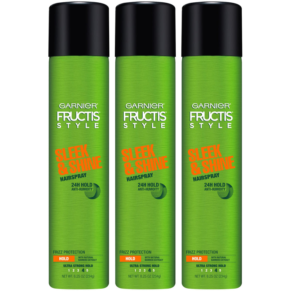 Garnier Fructis Sleek & Shine hairspray bottle with ultra-strong hold for sleek styles.