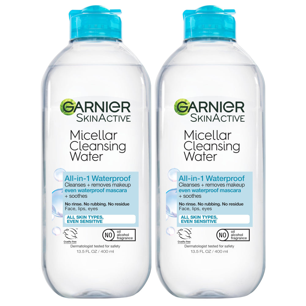 Garnier Micellar Water bottle closeup shows gentle cleansing for all skin types.