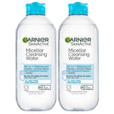 Garnier Micellar Water bottle closeup shows gentle cleansing for all skin types.